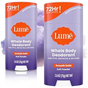 Lume Desodorante para todo el cuerpo, barra lisa y sólida, control de olores de 72 horas, sin aluminio, sin bicarbonato de sodio y seguro para la piel, 2.6 onzas (paquete de 2) (polvo suave)
