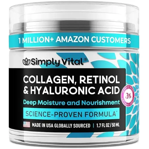 SimplyVital - Crema hidratante de colágeno, retinol y ácido hialurónico antienvejecimiento de uso diario para cara, cuello y escote, fabricada en Estados Unidos, 1.7 onzas líquidas.